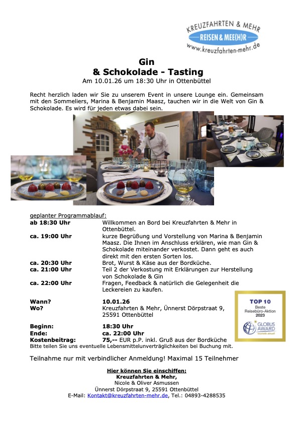 Gin- /Schokoladentasting am 10. Januar 2026 in Ottenbüttel