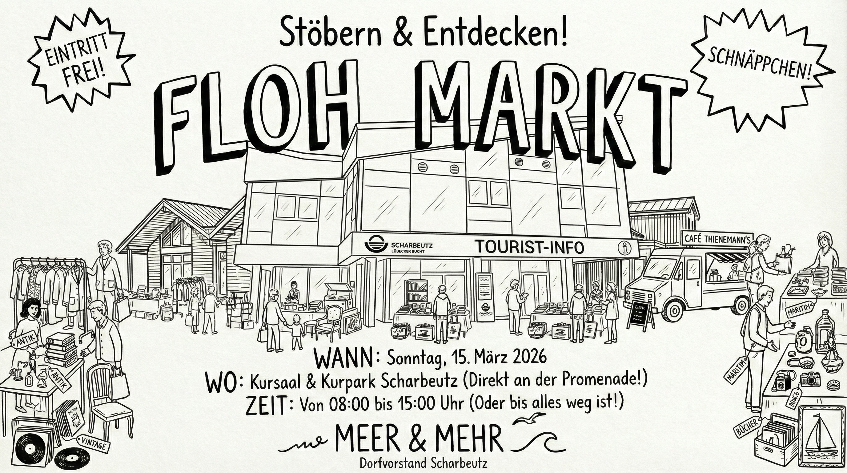 Das Bild ist ein handgezeichneter Schwarz-Weiß-Flyer im lockeren Doodle-Stil für einen Flohmarkt in Scharbeutz.

Das zentrale Motiv ist das moderne Tourist-Info Gebäude, umgeben von einem geschäftigen