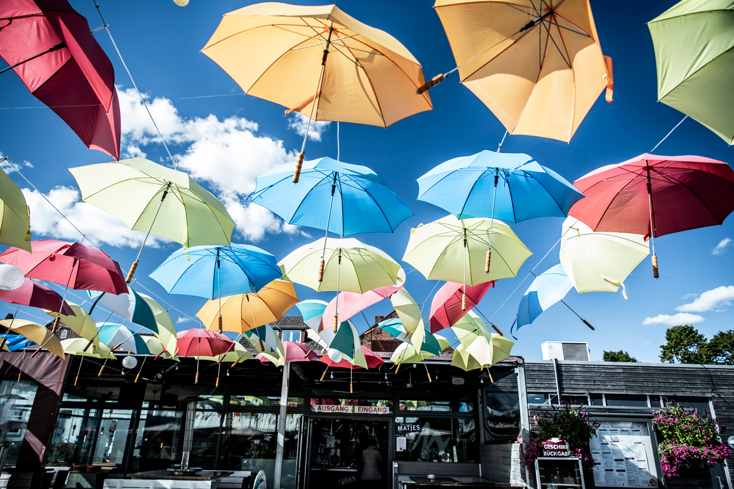 Schwebende Regenschirme über dem Cafe
