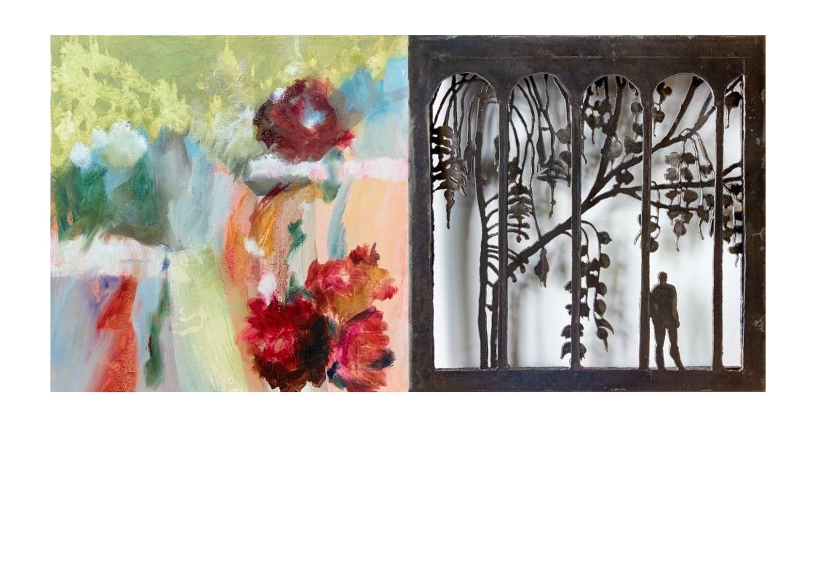 Irene Heller-Janton: Garten V (Öl auf Leinwand)- Isabel Lange: Voller Wunde (Eisen)