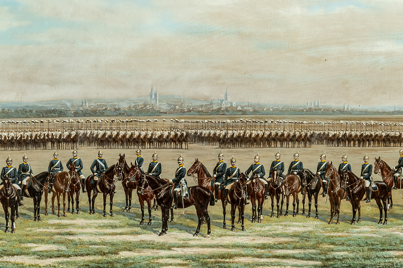 Kürassier-Regiment von Seydlitz (Magdeburgisches) Nr. 7 vor Halberstadt, kolorierte Fotografie von H. Schnaebli & Co., Berlin, um 1895. Geschenk für Otto von Bismarck zum 1. April 1895 (Bismarck-Museu