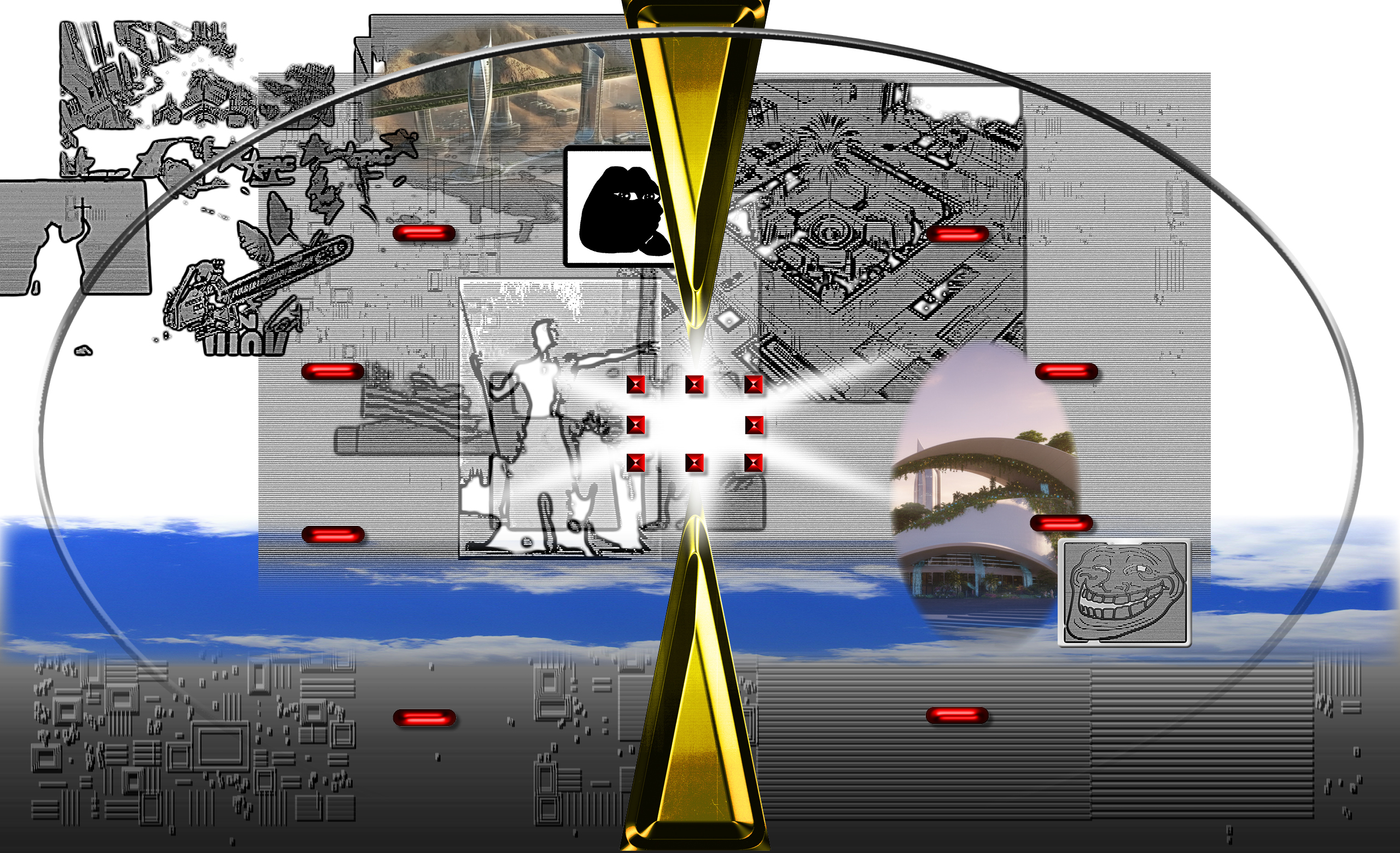 Abstrakte Grafik mit Memes und futuristischer Architektur